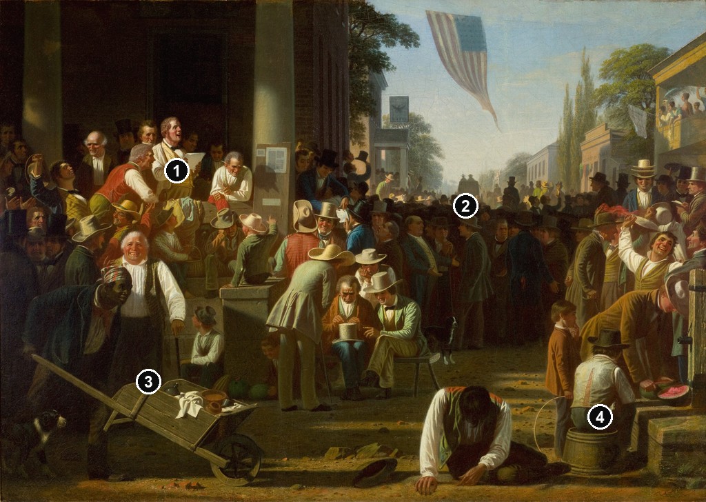 Annotated details from The Verdict of the People, 1854–55 by George Caleb Bingham